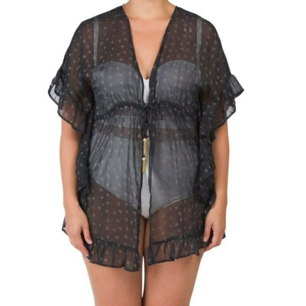 NWT Blue Island Plus Ruffle Trim Tie Front Printed Sheer Cover Up